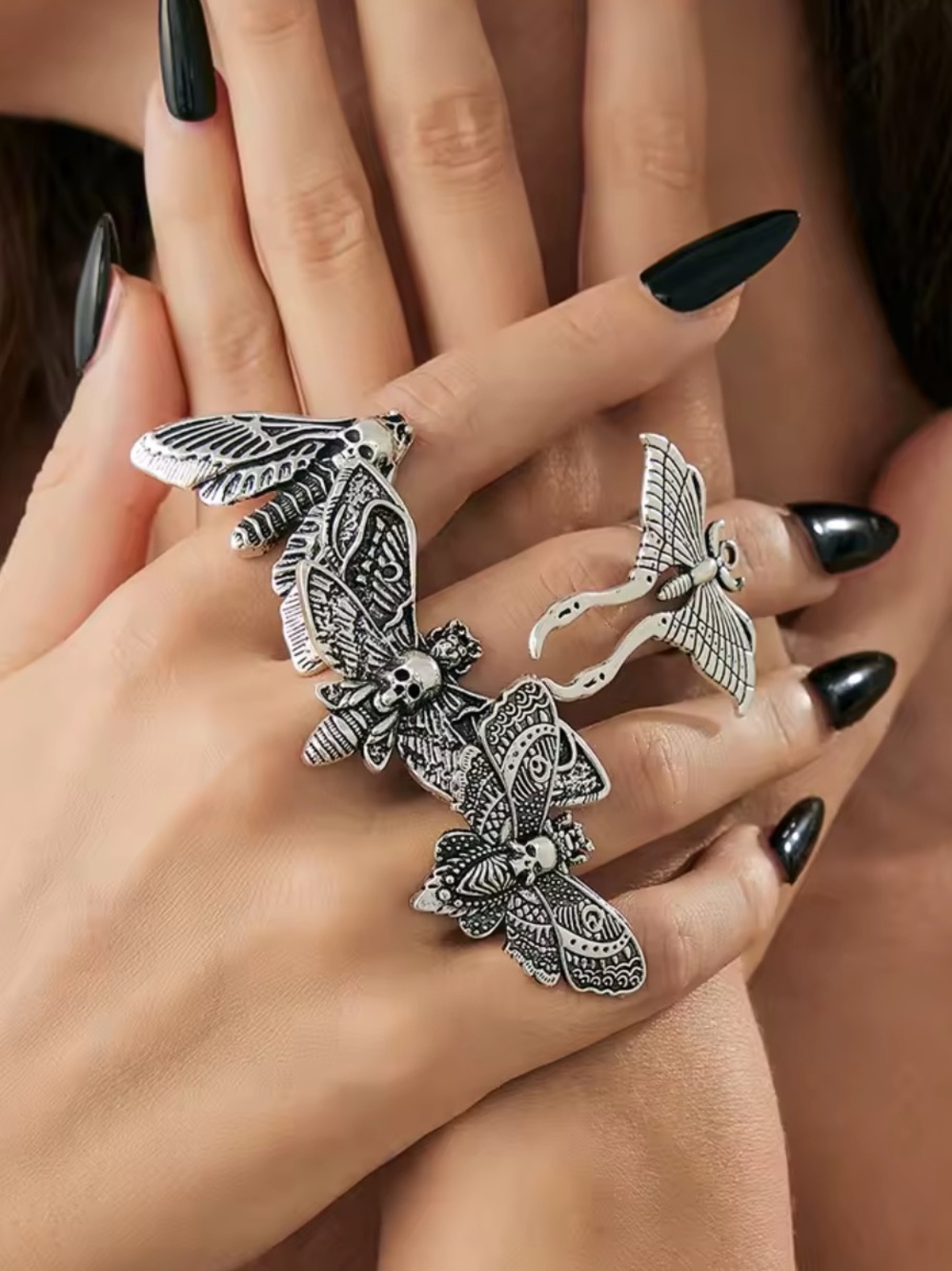 Anthropologie Silver-Tone Moth & Dragonfly Multi-Finger Ring Set